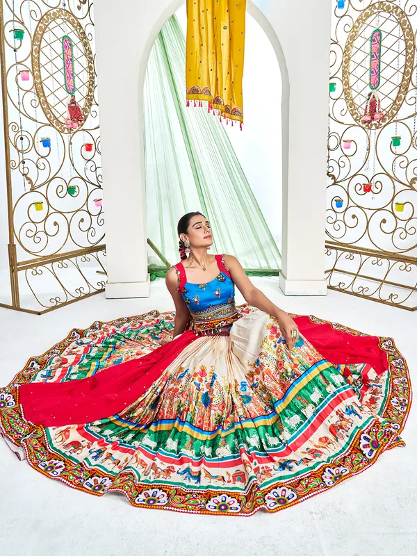 Beige silk navratri lehenga choli with print