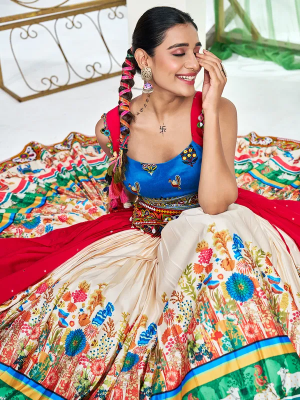 Beige silk navratri lehenga choli with print