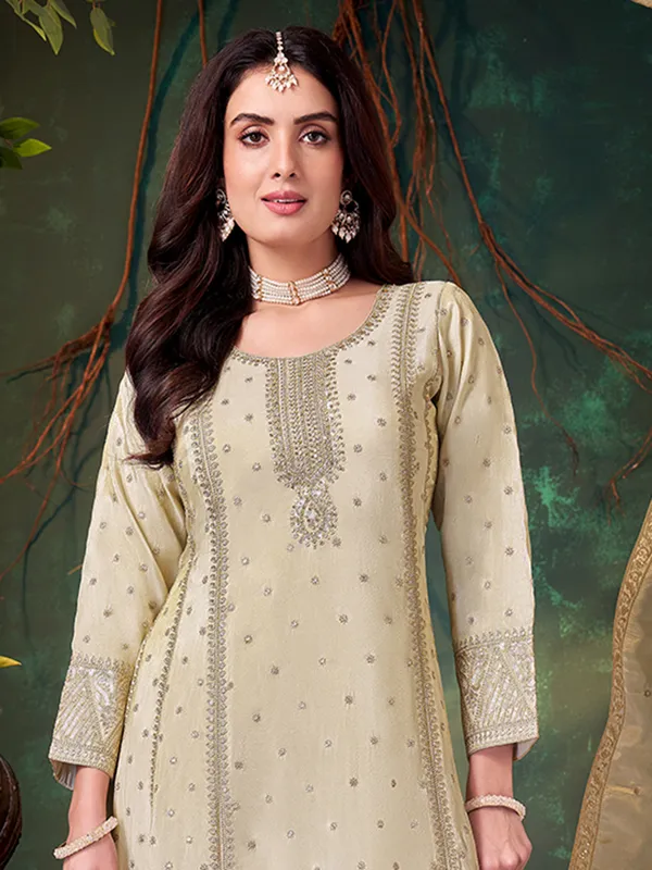 Beige silk pakistani pant salwar suit with diamonds