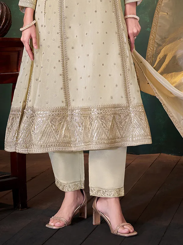 Beige silk pakistani pant salwar suit with diamonds