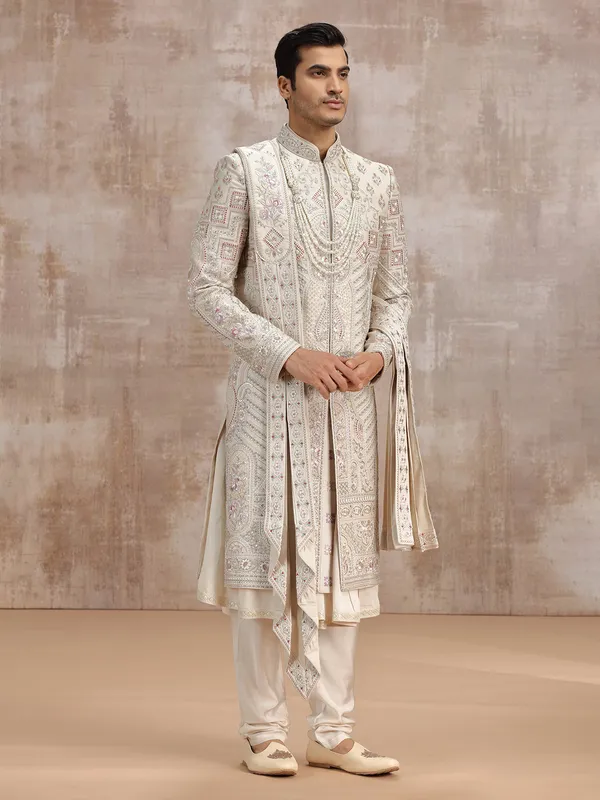 Beige silk peshwa-style sherwani with dupatta