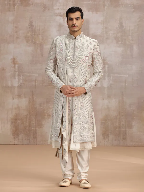 Beige silk peshwa-style sherwani with dupatta