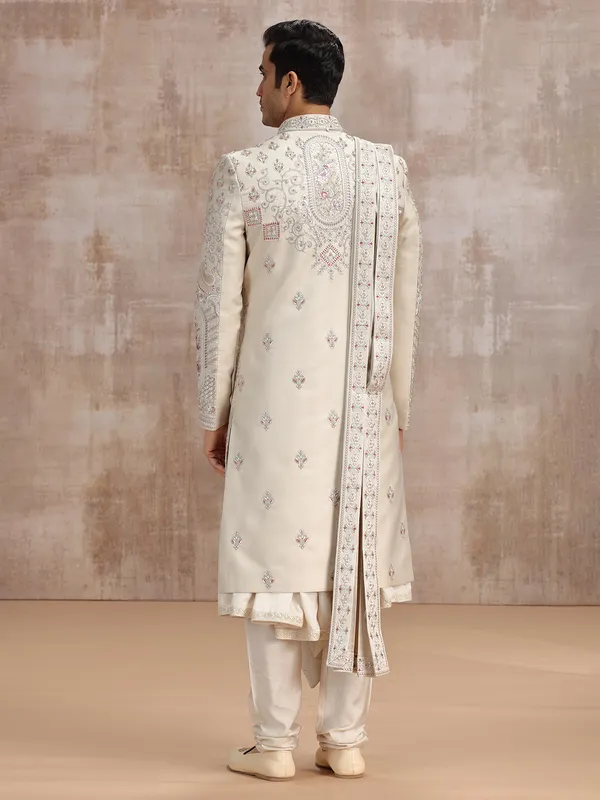 Beige silk peshwa-style sherwani with dupatta