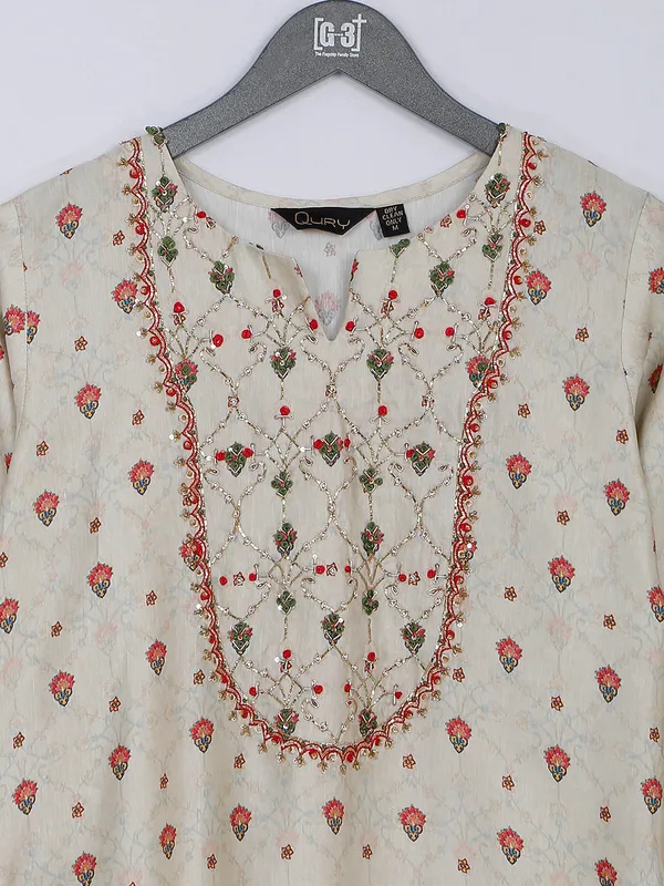 Beige silk printed casual kurti