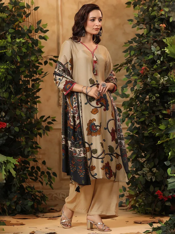 Beige silk printed kurti set for women