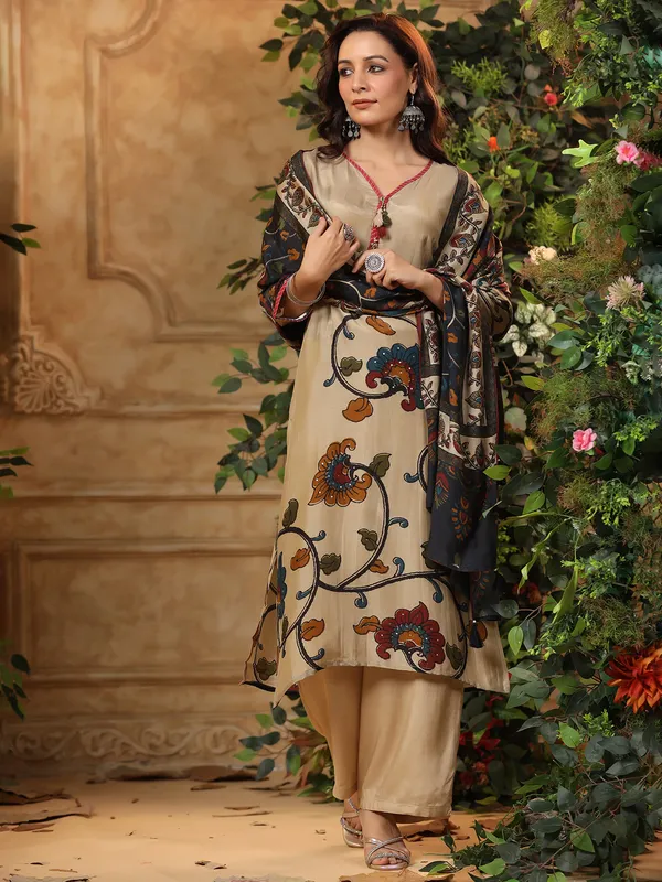 Beige silk printed kurti set for women