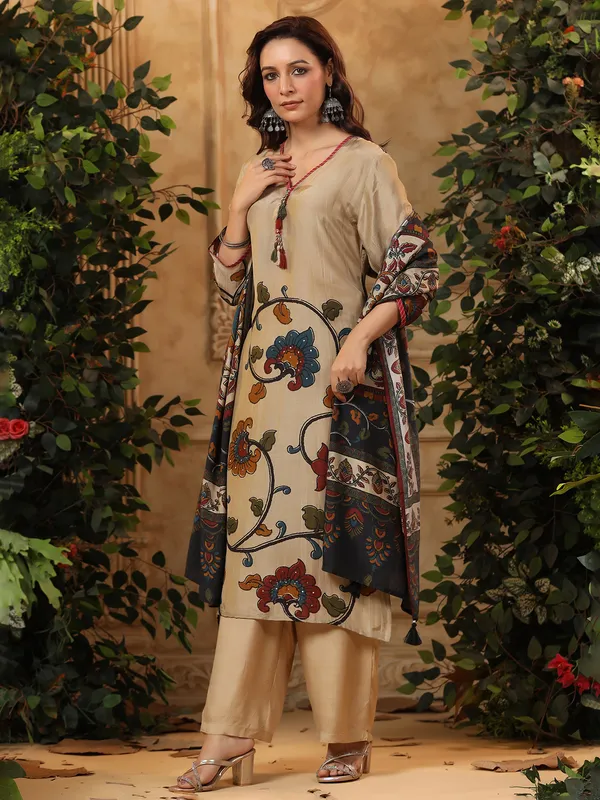 Beige silk printed kurti set for women