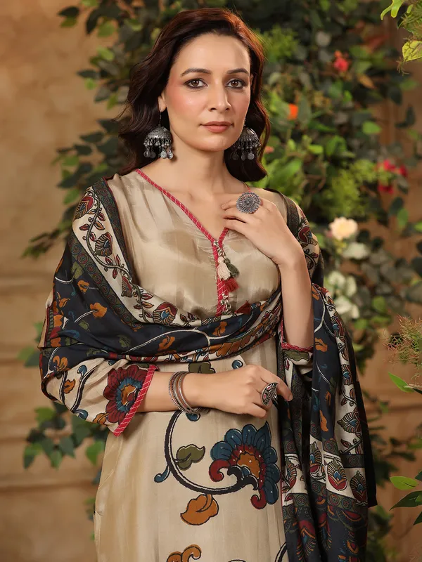 Beige silk printed kurti set for women