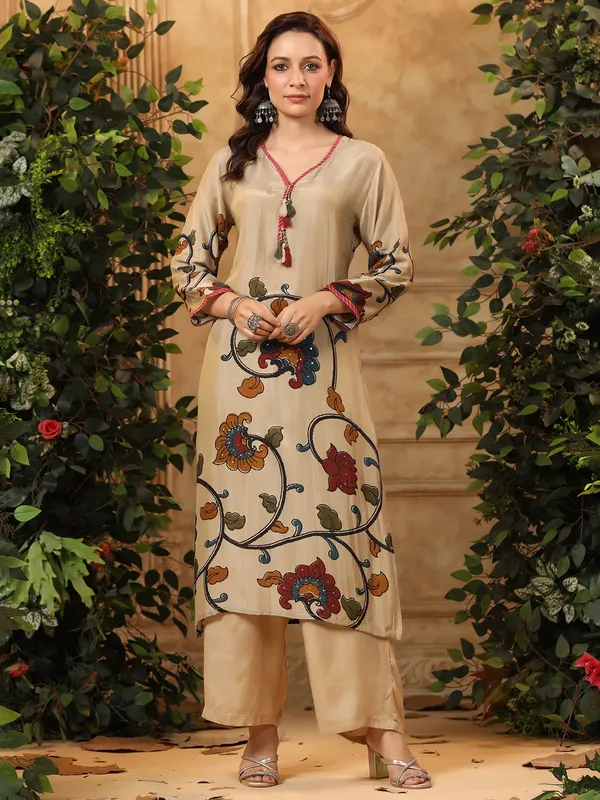 Beige silk printed kurti set for women