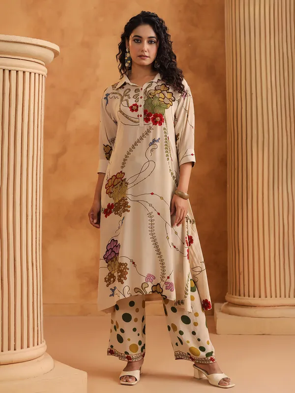 Beige silk printed palazzo kurti set with collar neck
