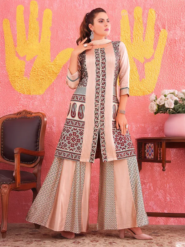 Beige silk printed palazzo suit with classic round neckline
