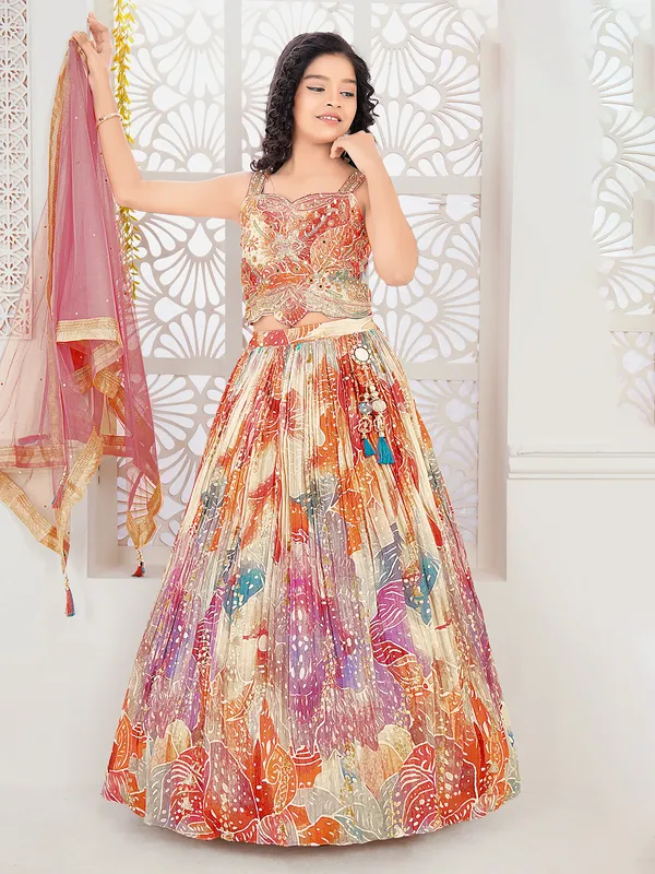 Beige silk printed zardosi and mirror work lehenga choli with dupatta