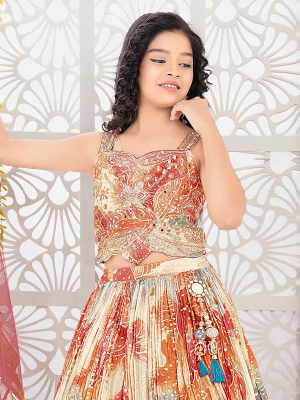 Beige silk printed zardosi and mirror work lehenga choli with dupatta