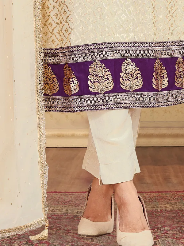 Beige silk salwar suit with cutdana detailing