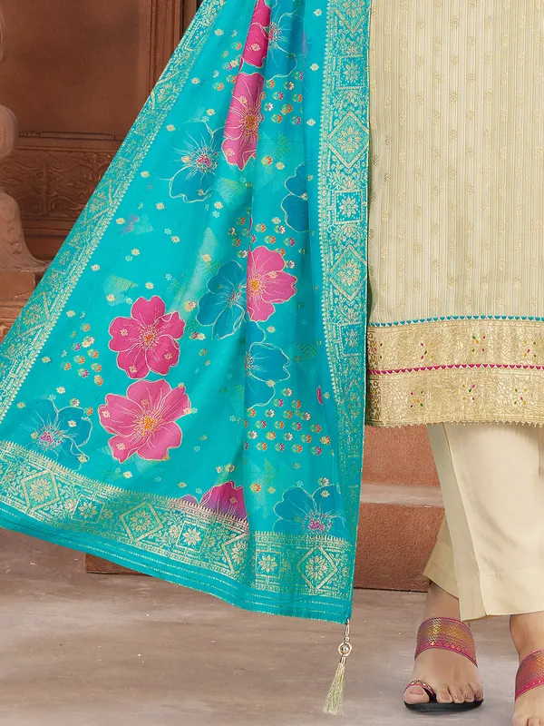 Beige silk salwar suit with cutdana work