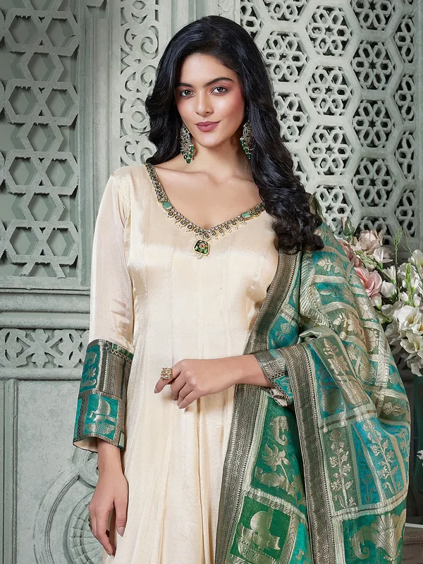 Beige silk salwar suit with zari worked dupatta
