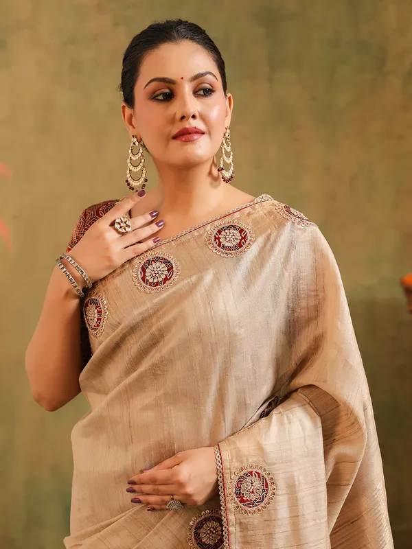 Beige silk saree for feativals