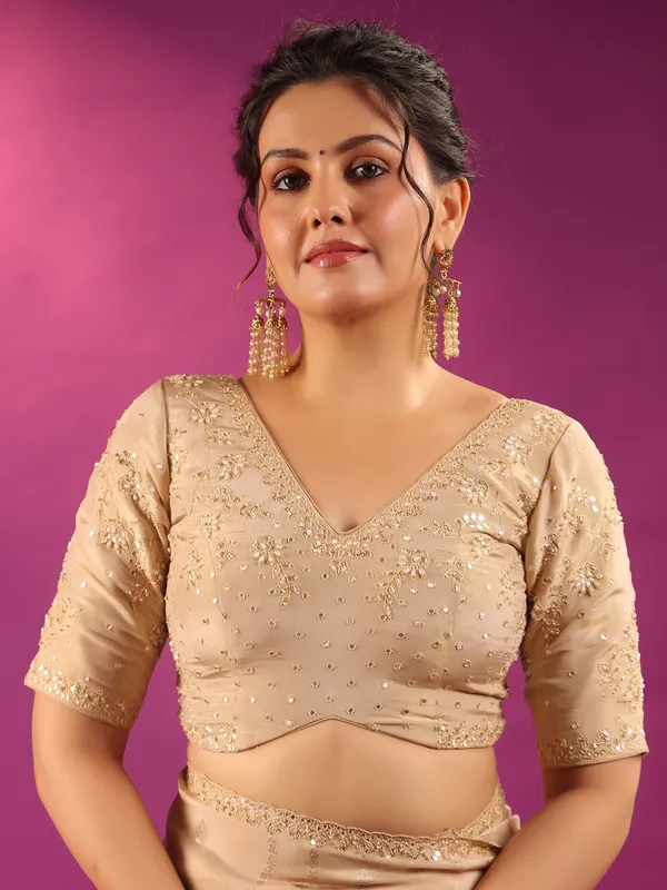 Beige silk saree for festive celebration