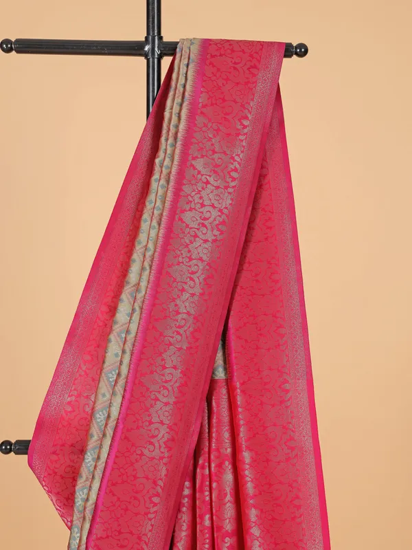 Beige silk saree with bold magenta border