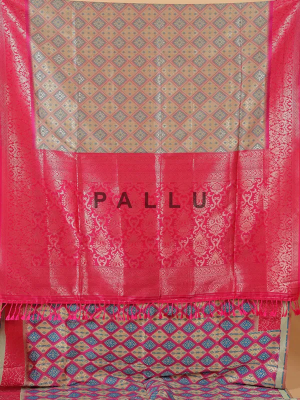 Beige silk saree with bold magenta border