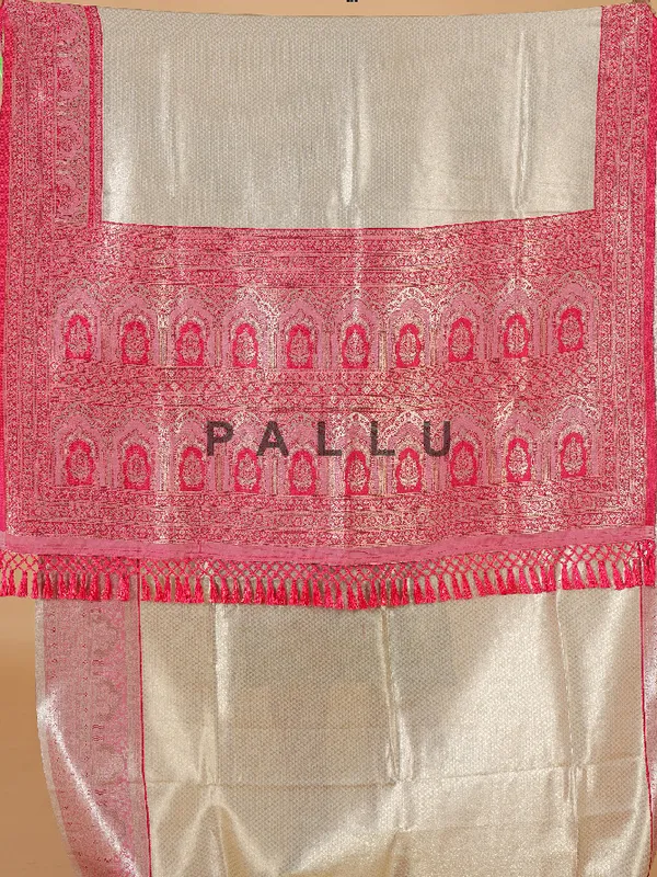Beige silk saree with bold pink border