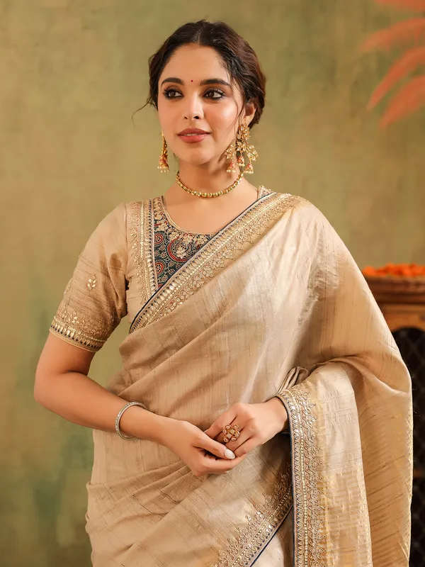 Beige silk saree with gota work