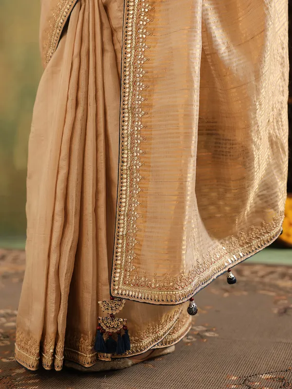 Beige silk saree with gota work