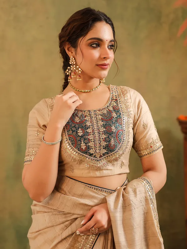Beige silk saree with gota work