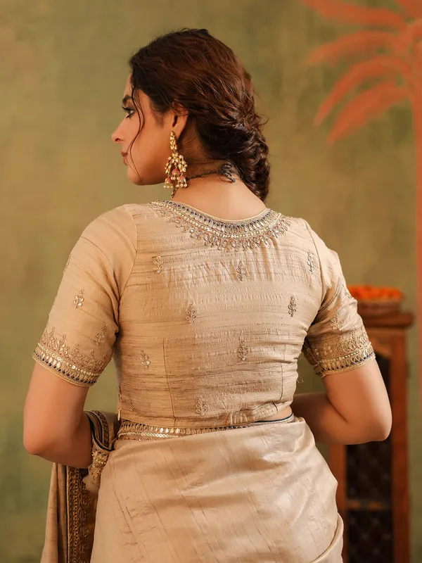 Beige silk saree with gota work