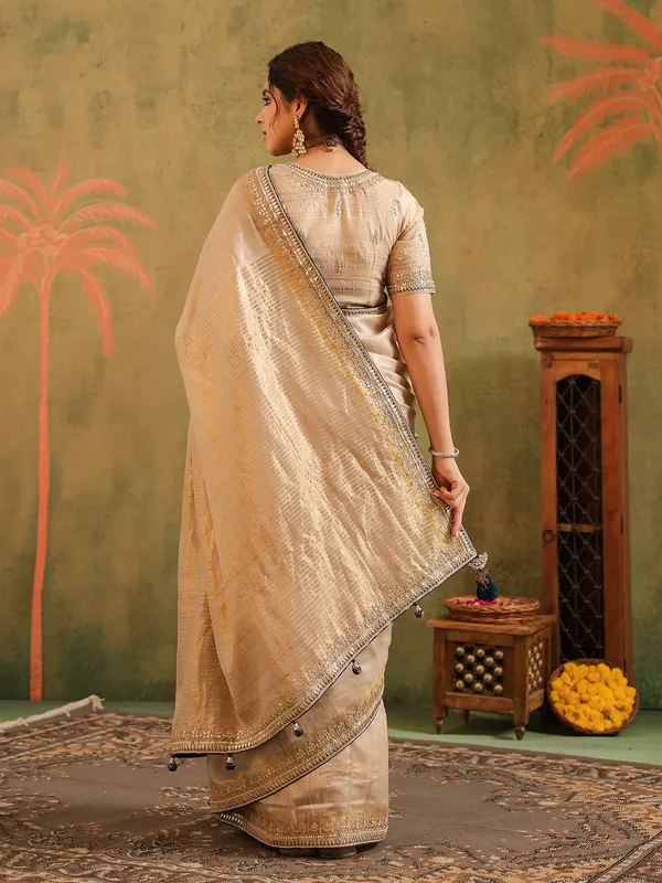 Beige silk saree with gota work