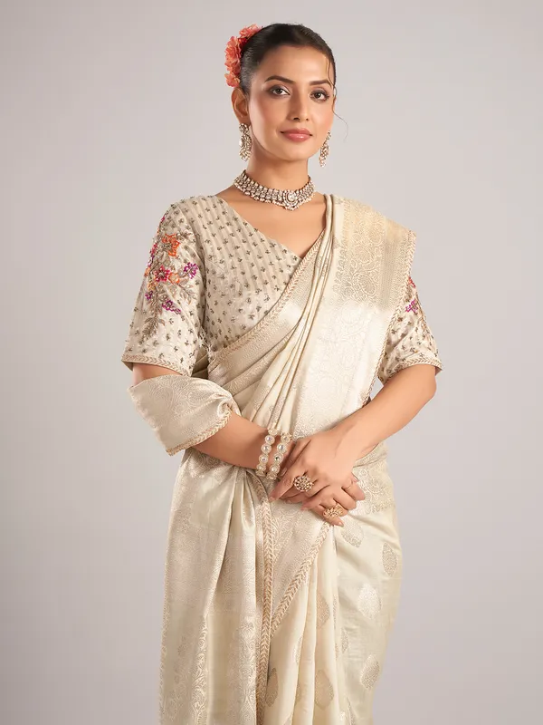Beige silk saree with ready made blouse