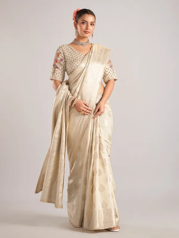 Beige silk saree with ready made blouse