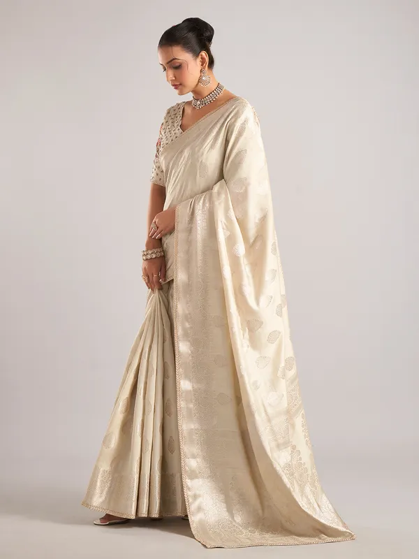 Beige silk saree with ready made blouse