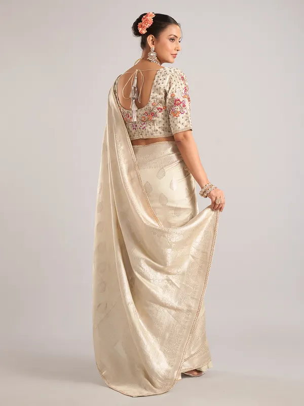 Beige silk saree with ready made blouse for women