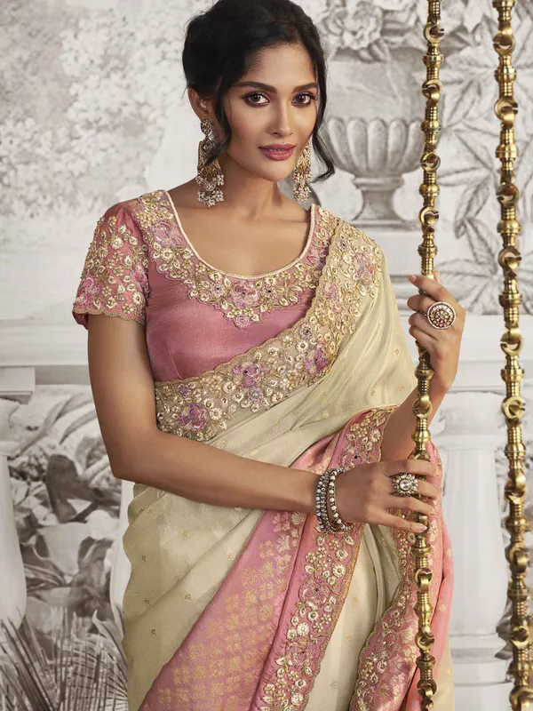 Beige silk saree with resham and embroidery work