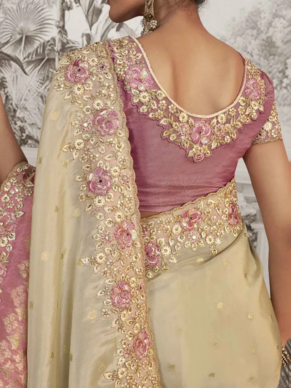 Beige silk saree with resham and embroidery work
