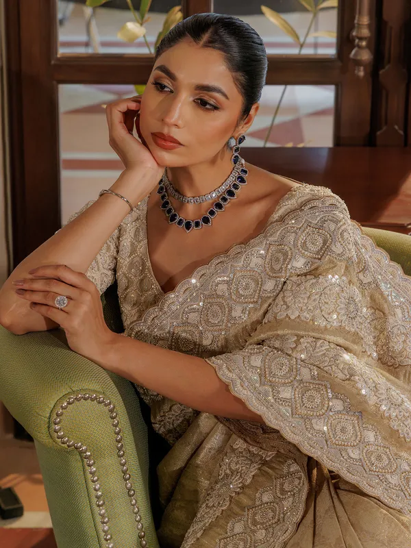 Beige silk saree with sequins work