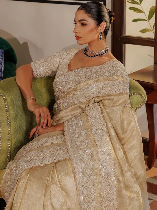 Beige silk saree with sequins work