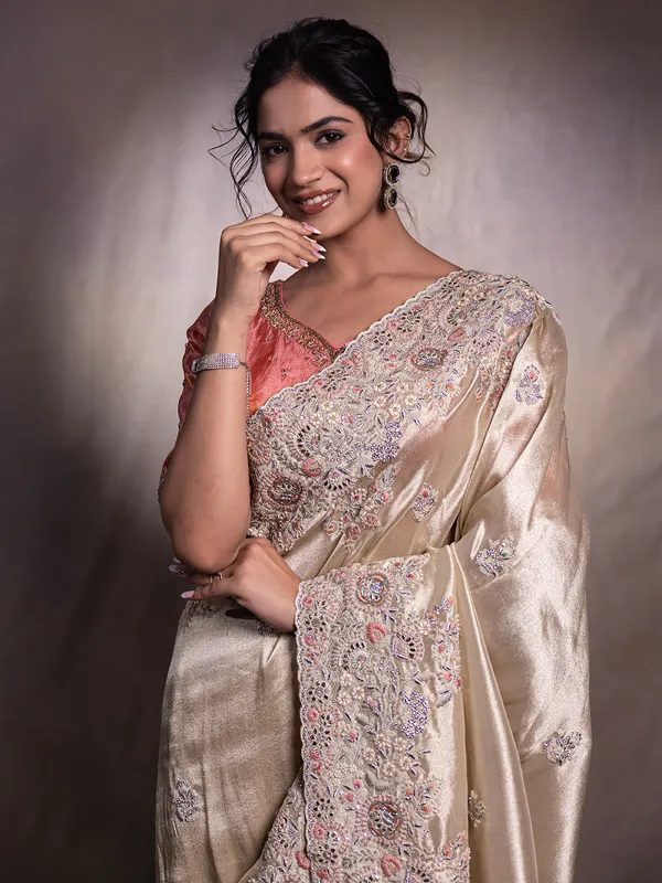 Beige silk saree with zari weaving