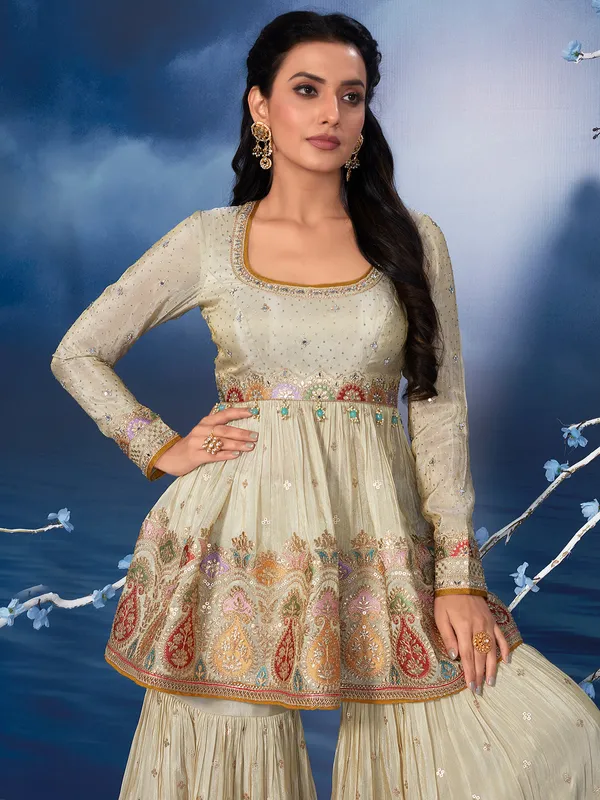 Beige silk sharara salawar suit