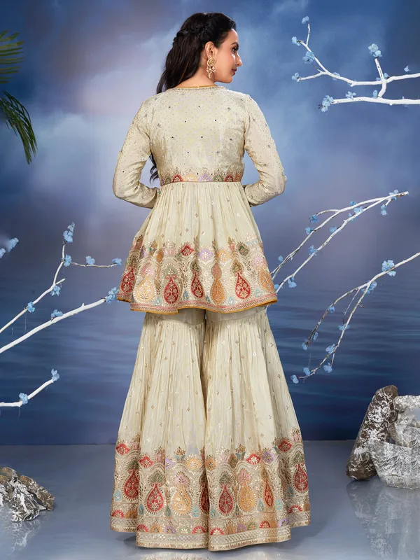 Beige silk sharara salawar suit