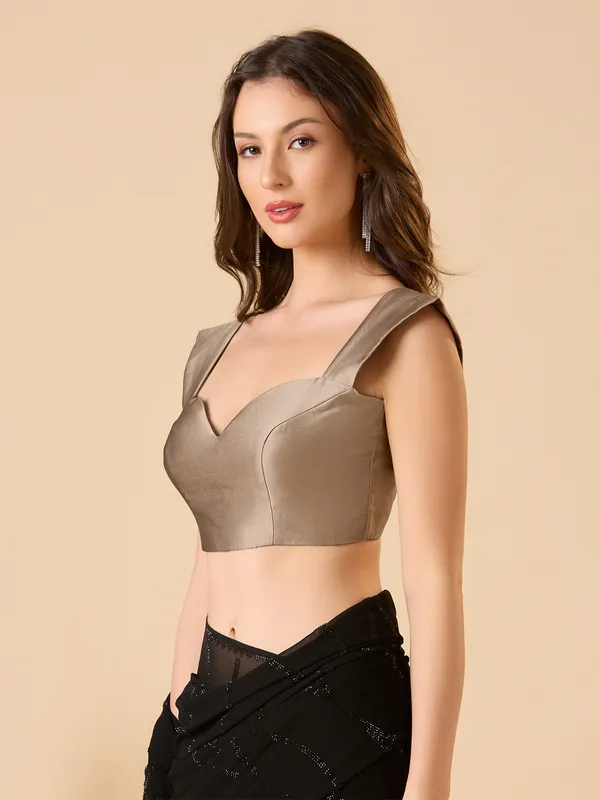 Beige silk solid sweetheart neck ready made blouse