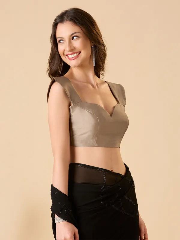 Beige silk solid sweetheart neck ready made blouse