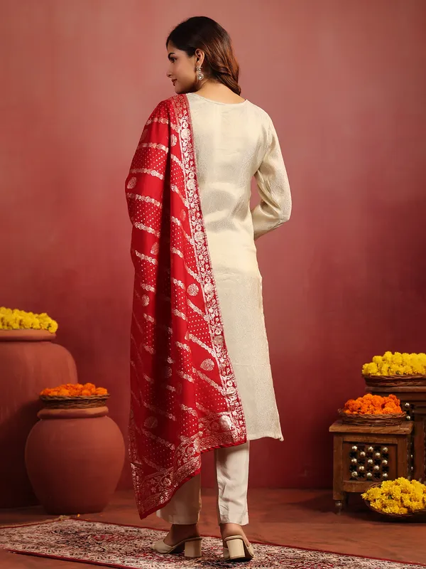 Beige silk straight cut kurti set