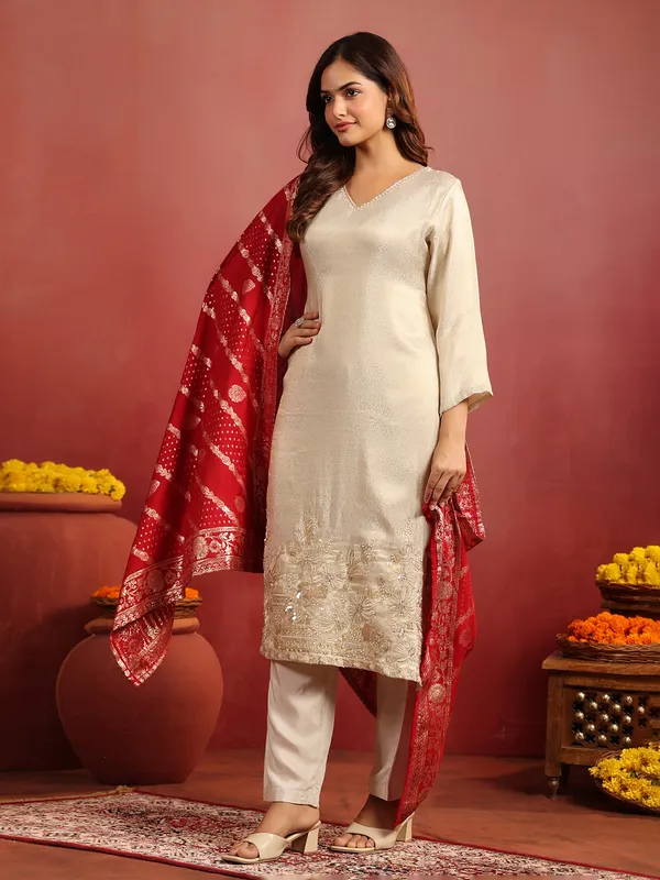 Beige silk straight cut kurti set