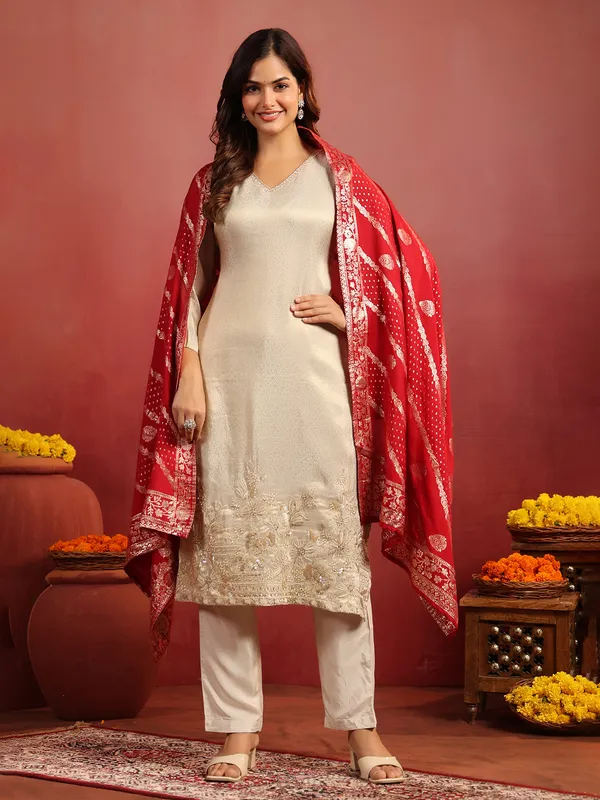 Beige silk straight cut kurti set