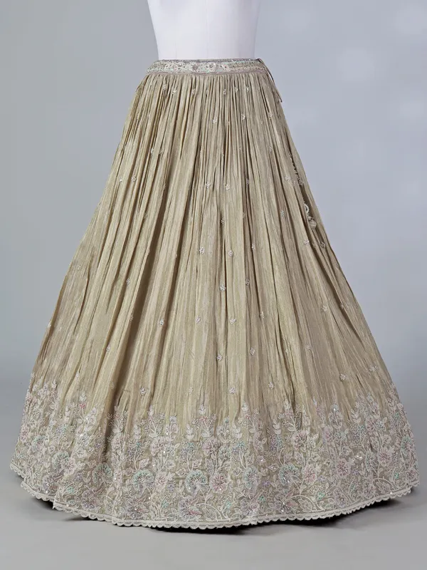 Beige silk sweetheart lehenga choli with sequins work