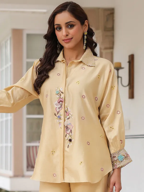 Beige silk tencel co-ord set for women