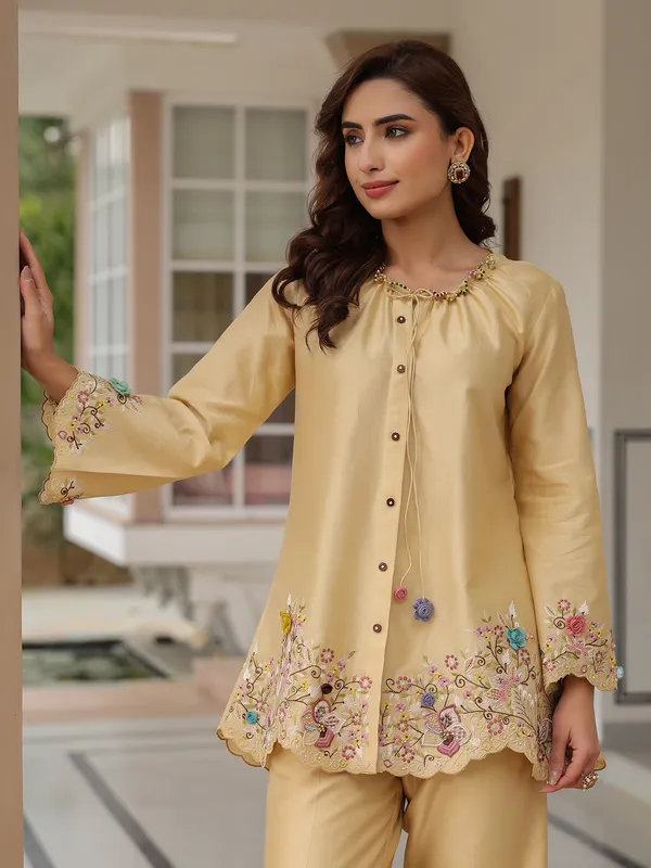 Beige silk tencel embroidery co-ord set