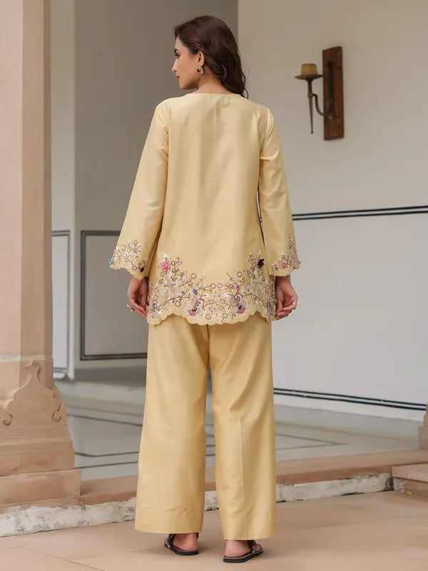 Beige silk tencel embroidery co-ord set